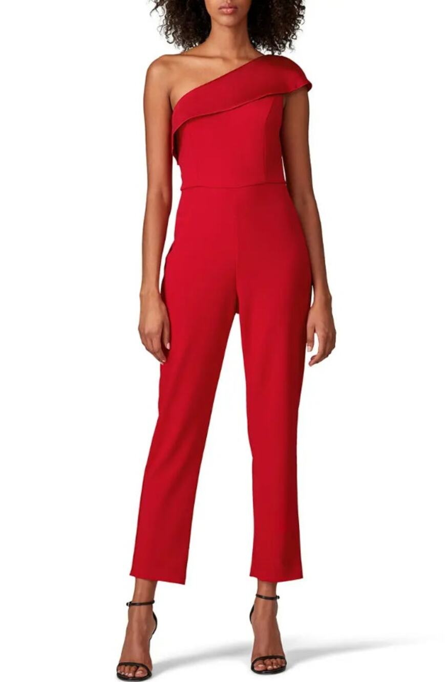 Adrianna Papell One Shoulder Jumpsuit Straight Leg Red Crepe Lined Womens US 8